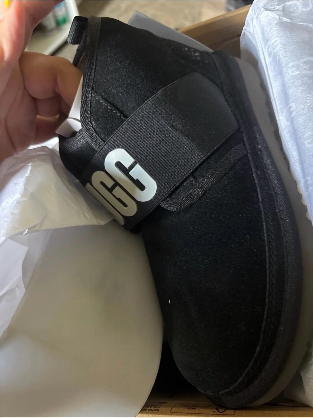 UGG Kids Black Suede Slip-On Boot with Logo Strap